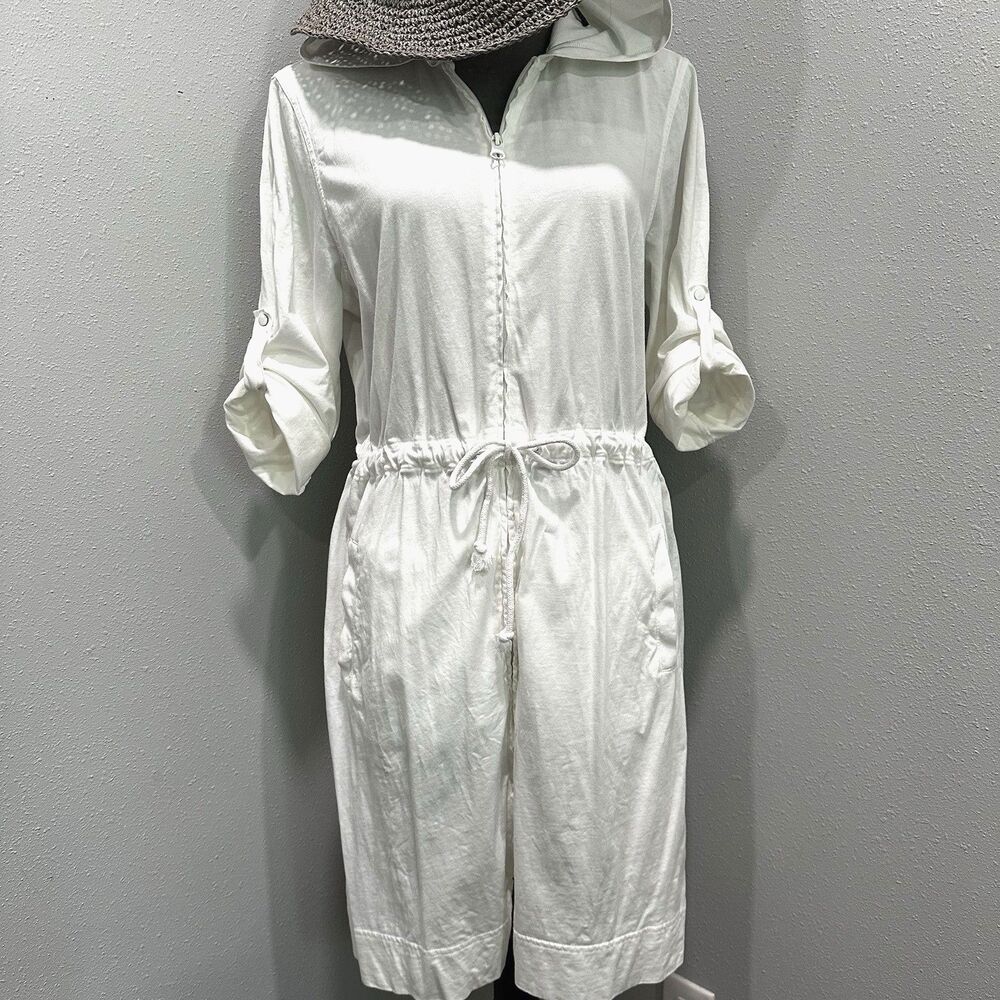Lands' End Womens M White Long Sleeve Zip Front Swim Cover Up Dress Cotton Hood